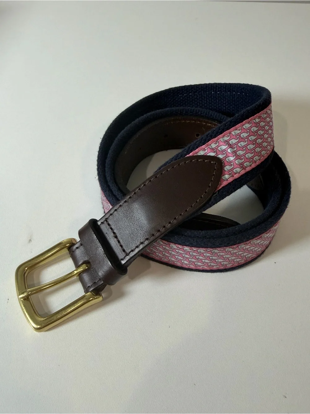 Men's Vineyard Vines Size 40 Pink Whale Patterned Canvas Leather-Trim Belt